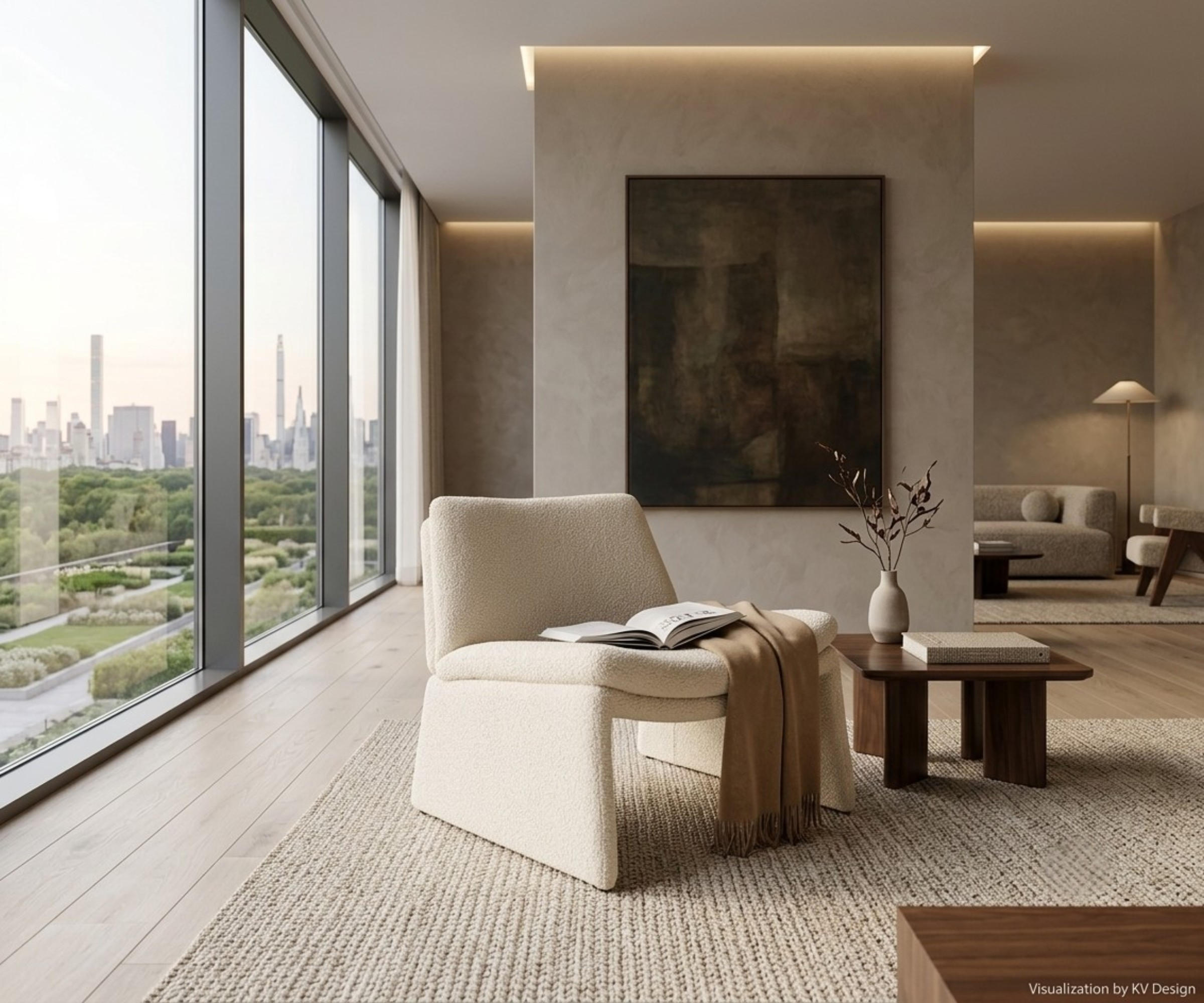 KV customize chair in a city-view lounge beside a walnut coffee table