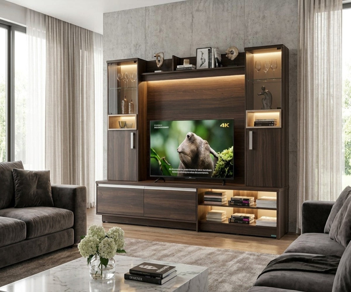 KWU-020 charcoal entertainment center with a lit display wall in a lounge