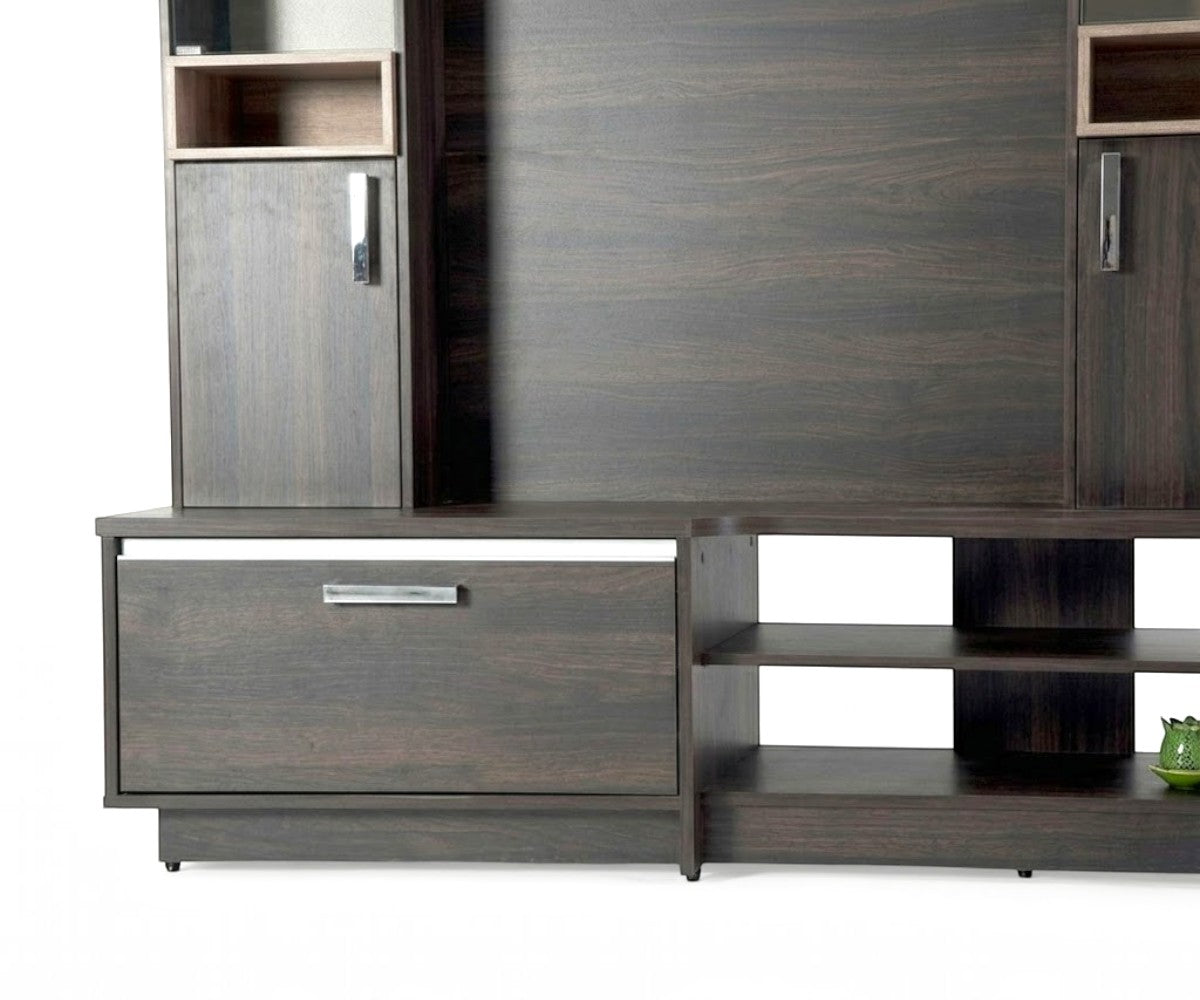 KWU-020 charcoal entertainment center with a lit display wall in a lounge