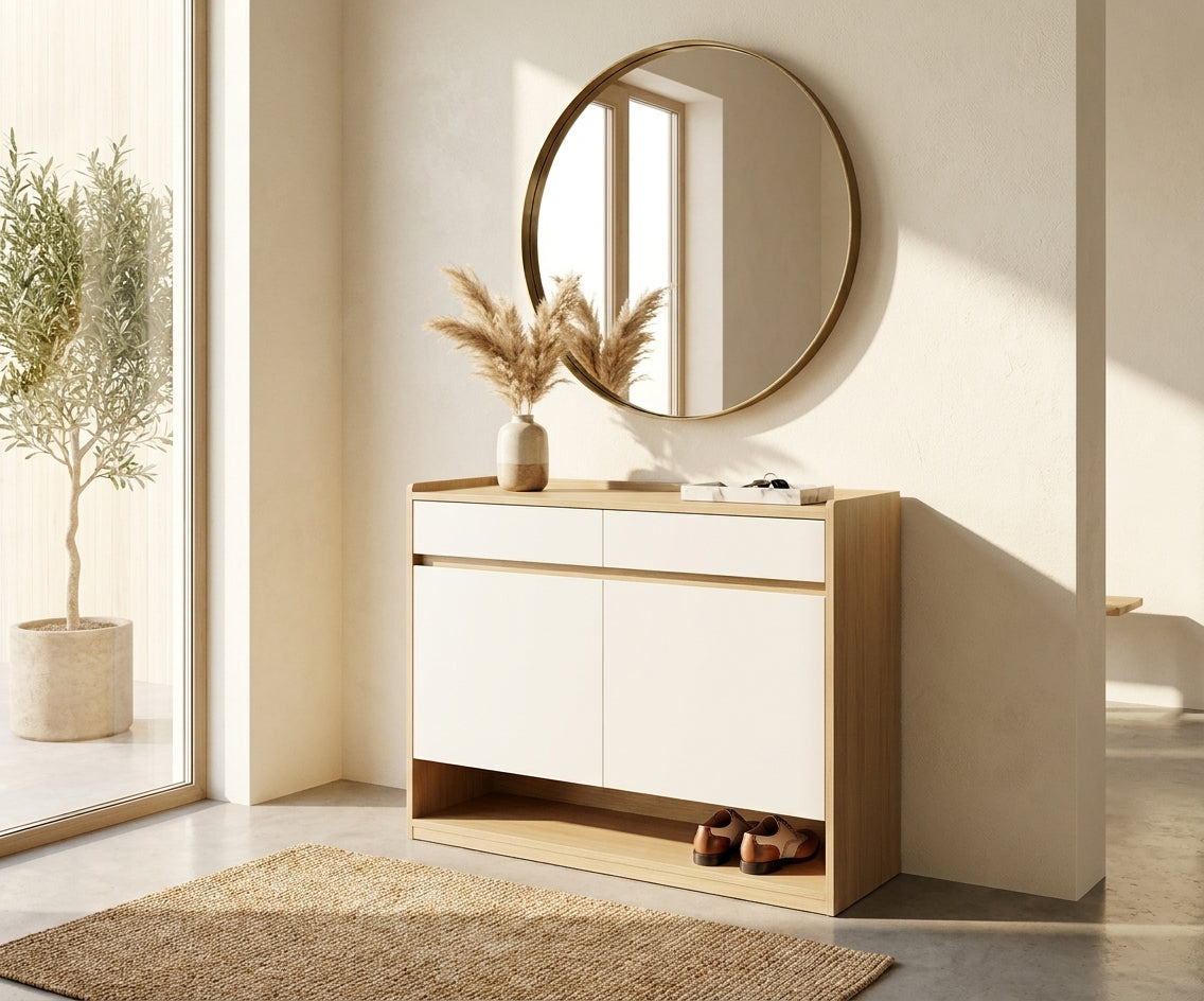 LA10 premium shoe cabinet in a bright hallway with a round mirror
