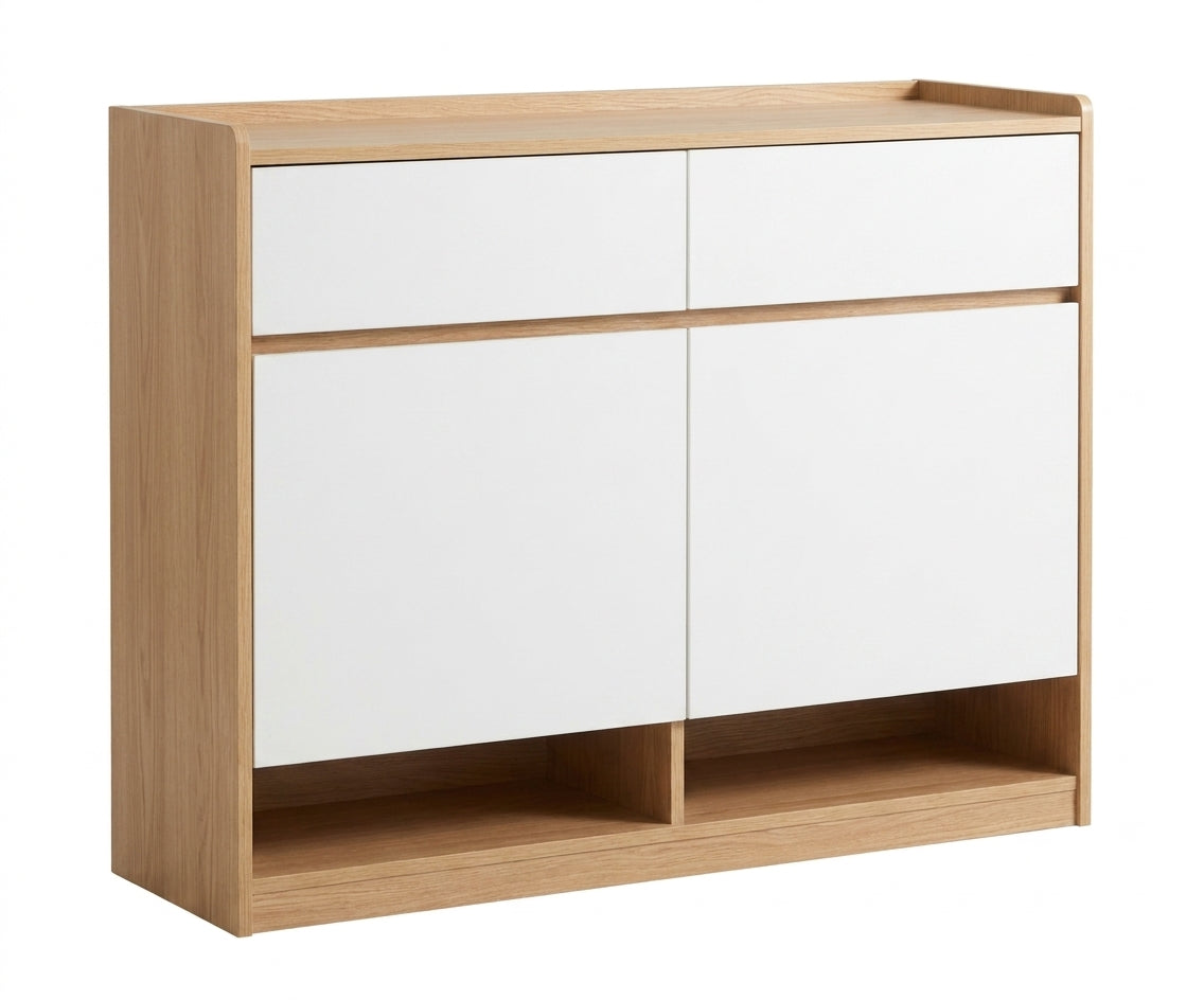 LA10 premium shoe cabinet in a bright hallway with a round mirror