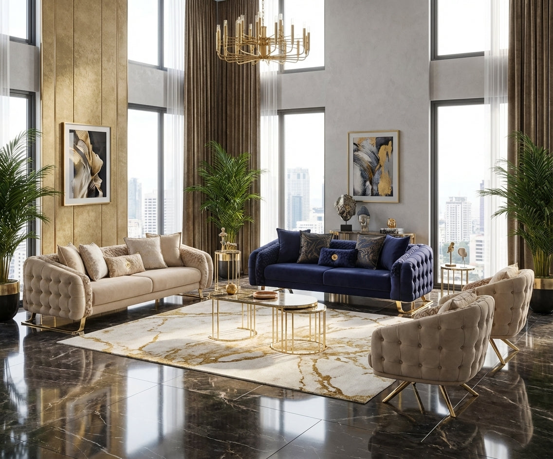 Laguna beige velvet sofa set in a marble-floored chandelier-lit room