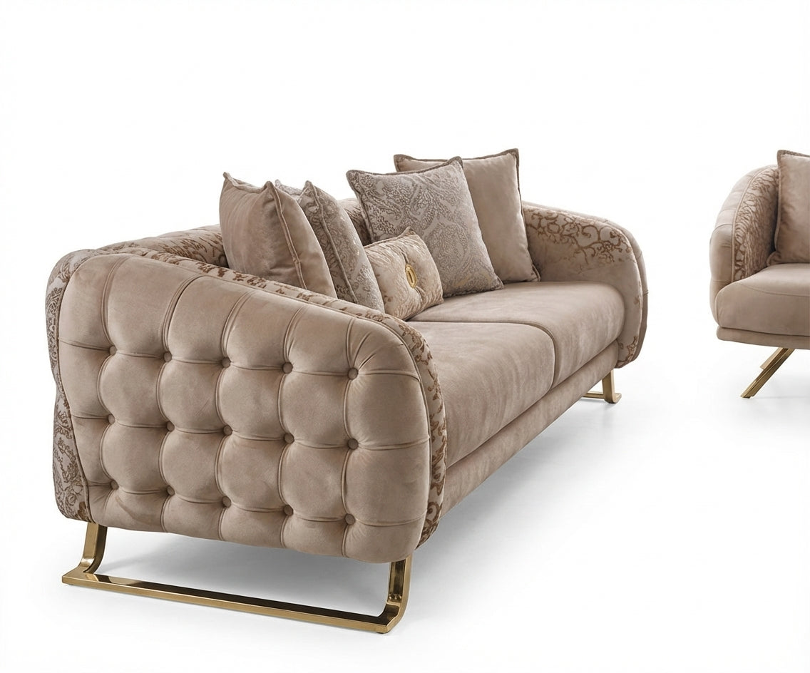 Laguna beige velvet sofa set in a marble-floored chandelier-lit room