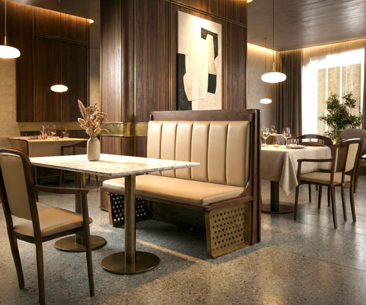 Lattice frame booth bench in a warm restaurant beside a marble table