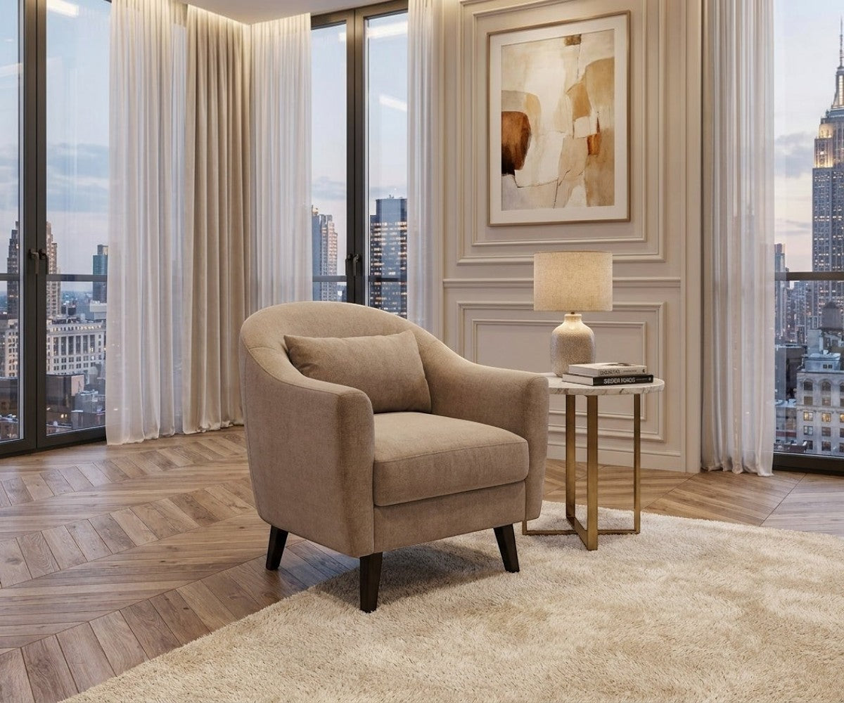 LC velvet lounge chair beside a side table in a city-view living room