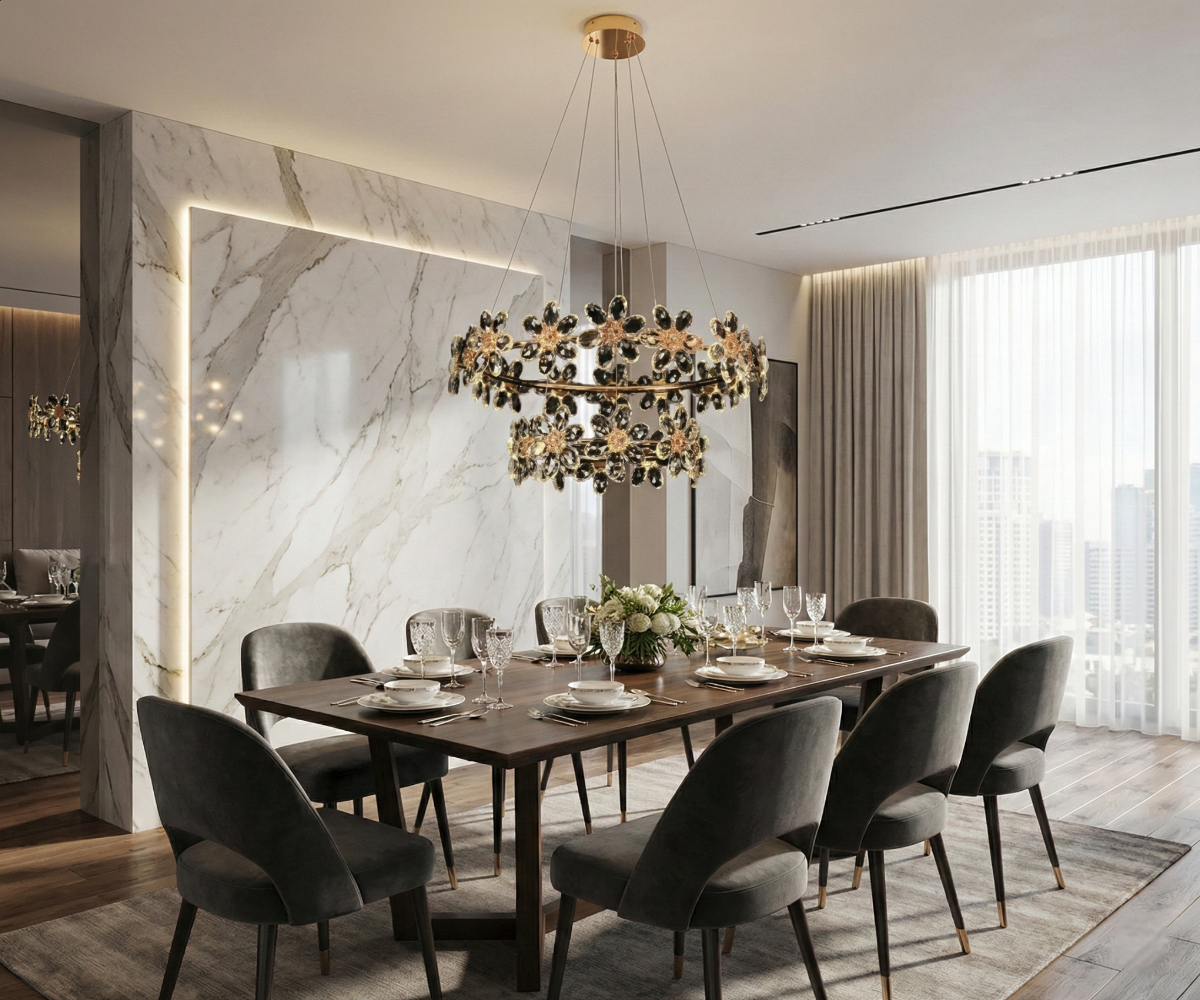 LED lights Qatar Amber Bloom warm glow chandelier over a marble-walled dining room