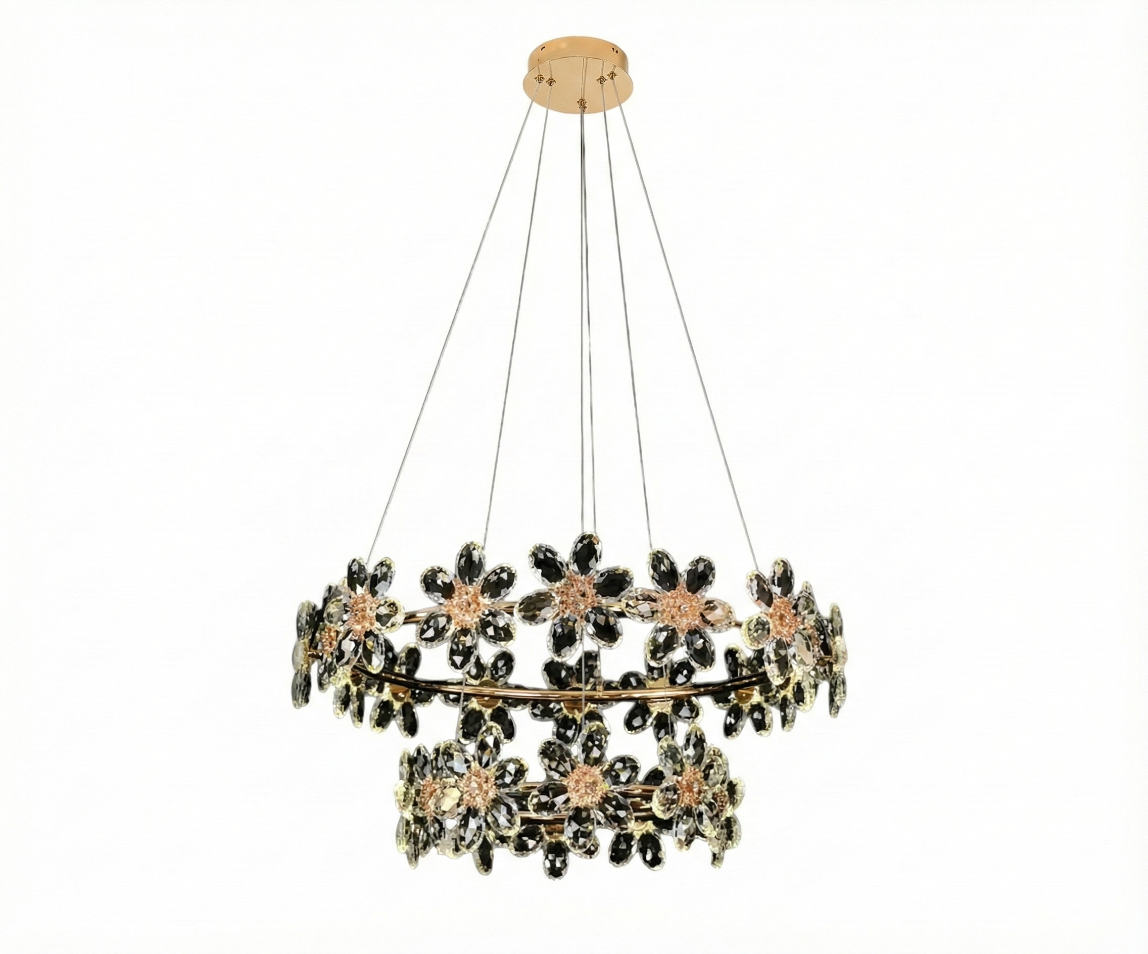 LED lights Qatar Amber Bloom warm glow chandelier over a marble-walled dining room