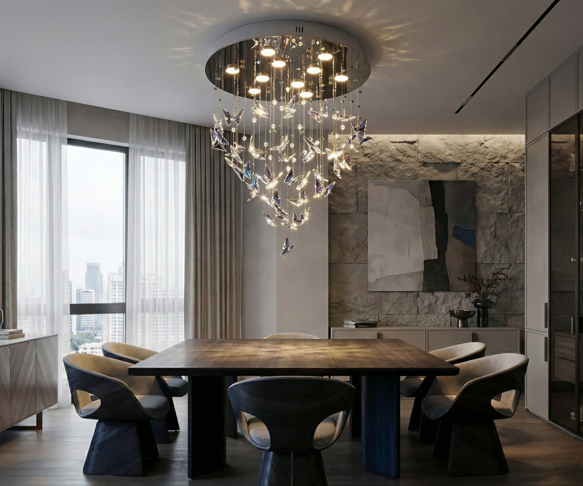 LED lights Qatar Butterfly Dreams glow chandelier above a dark dining table
