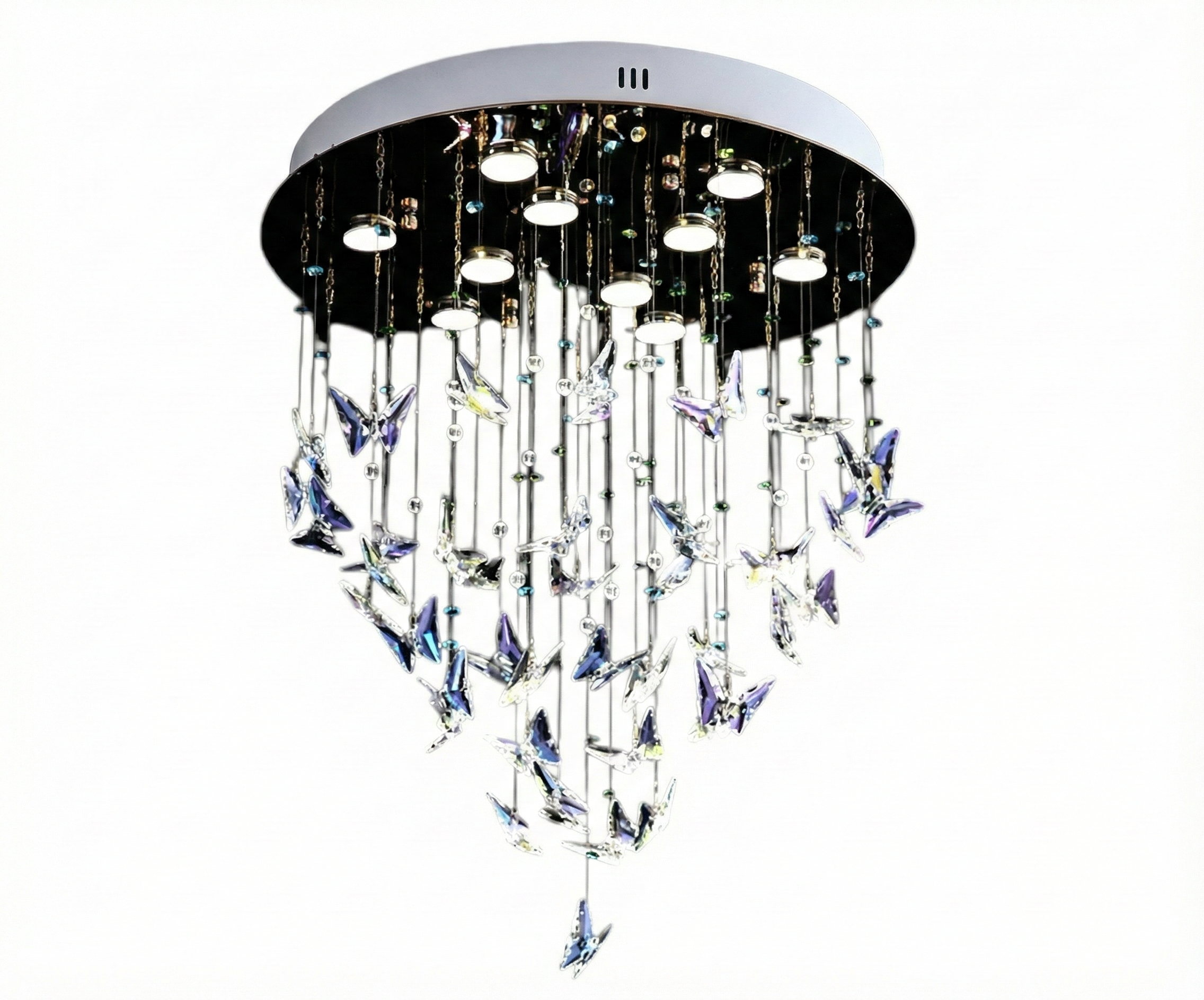 LED lights Qatar Butterfly Dreams glow chandelier above a dark dining table