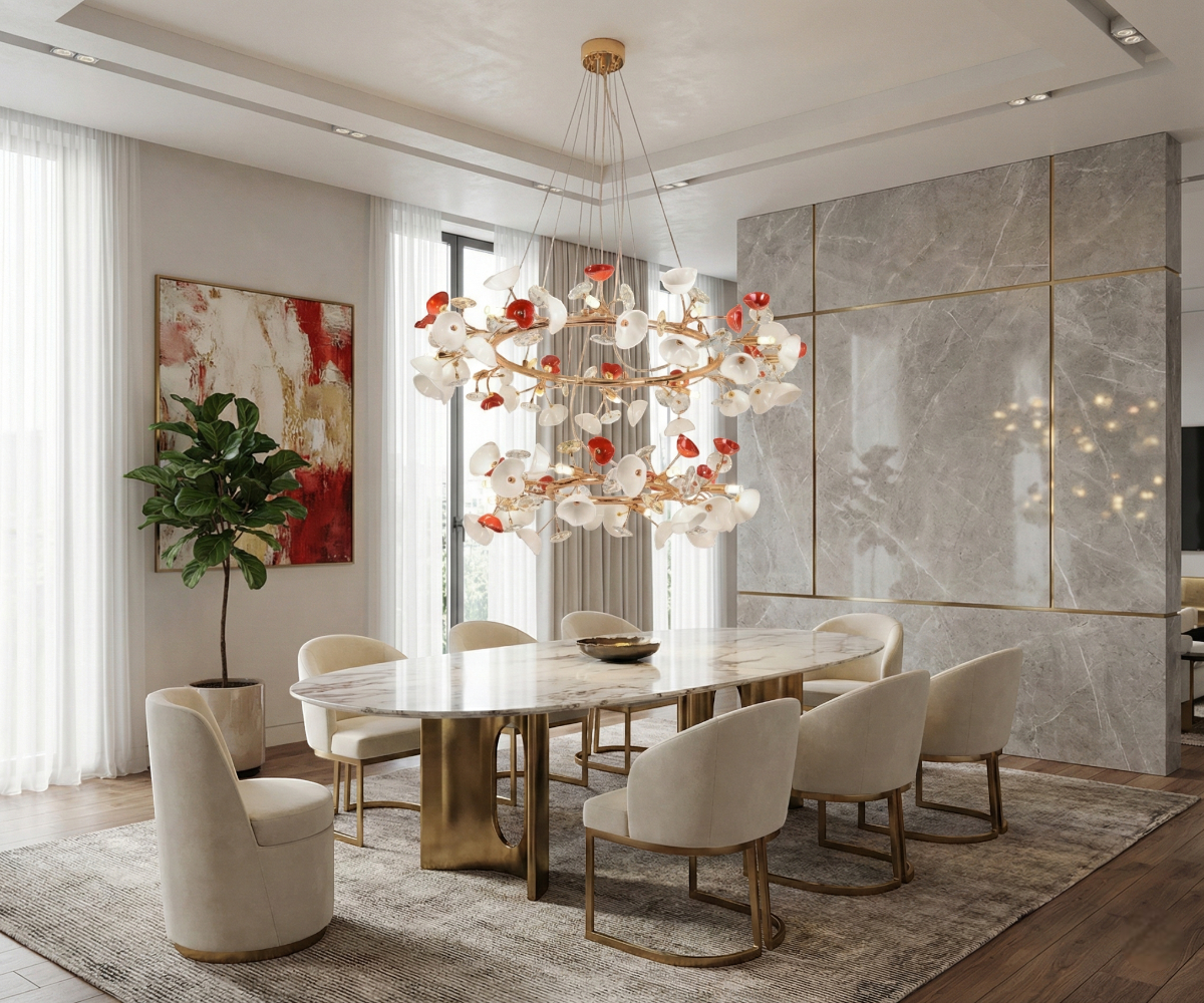 LED lights Qatar Cherry Blossom glow chandelier over a marble dining table