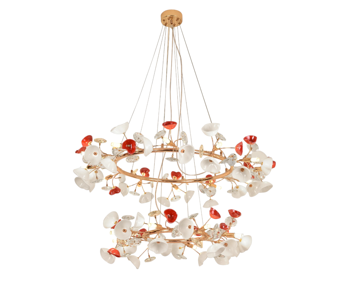 LED lights Qatar Cherry Blossom glow chandelier over a marble dining table