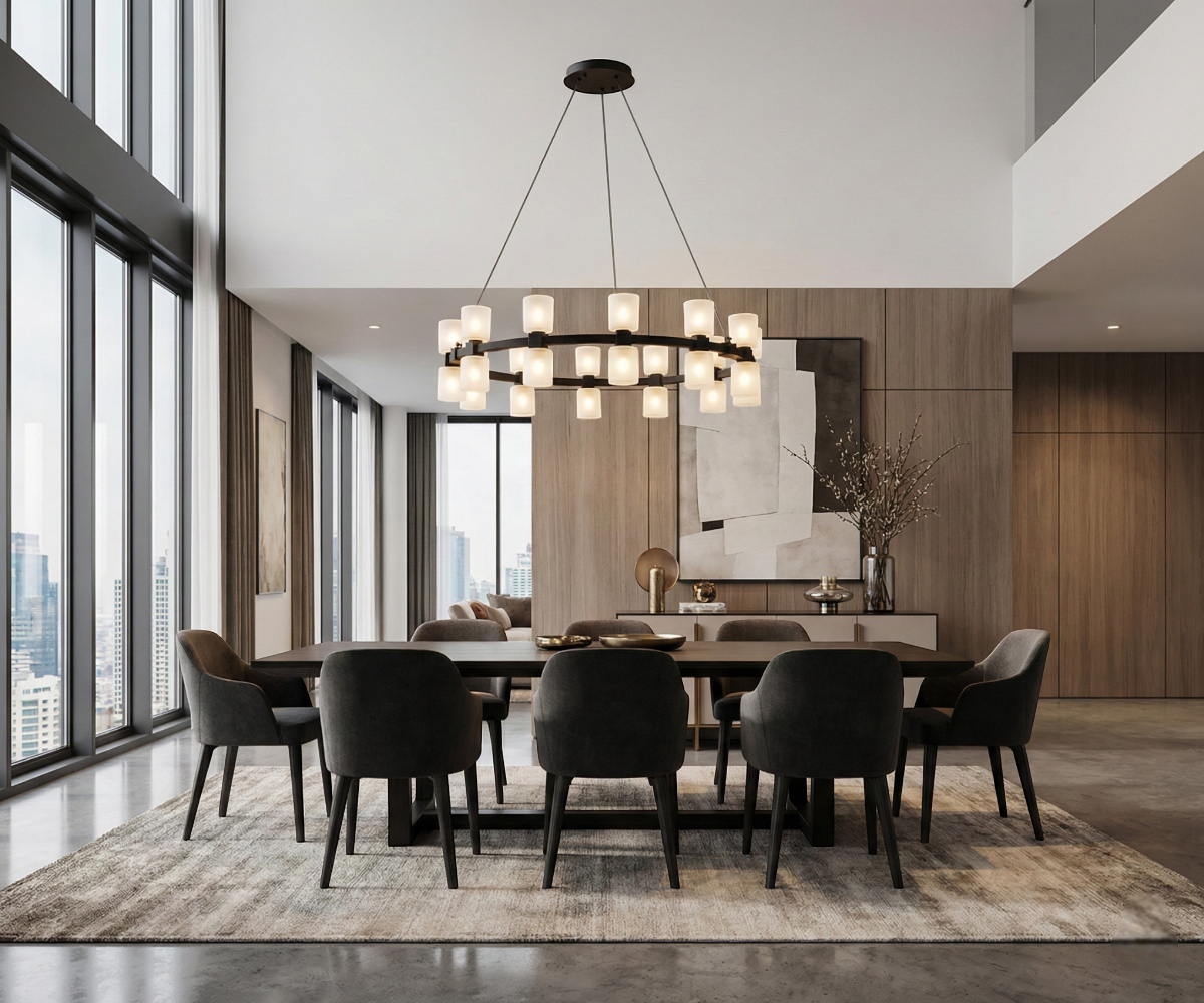 LED lights Qatar frosted circle ambient chandelier in an open-plan dining room