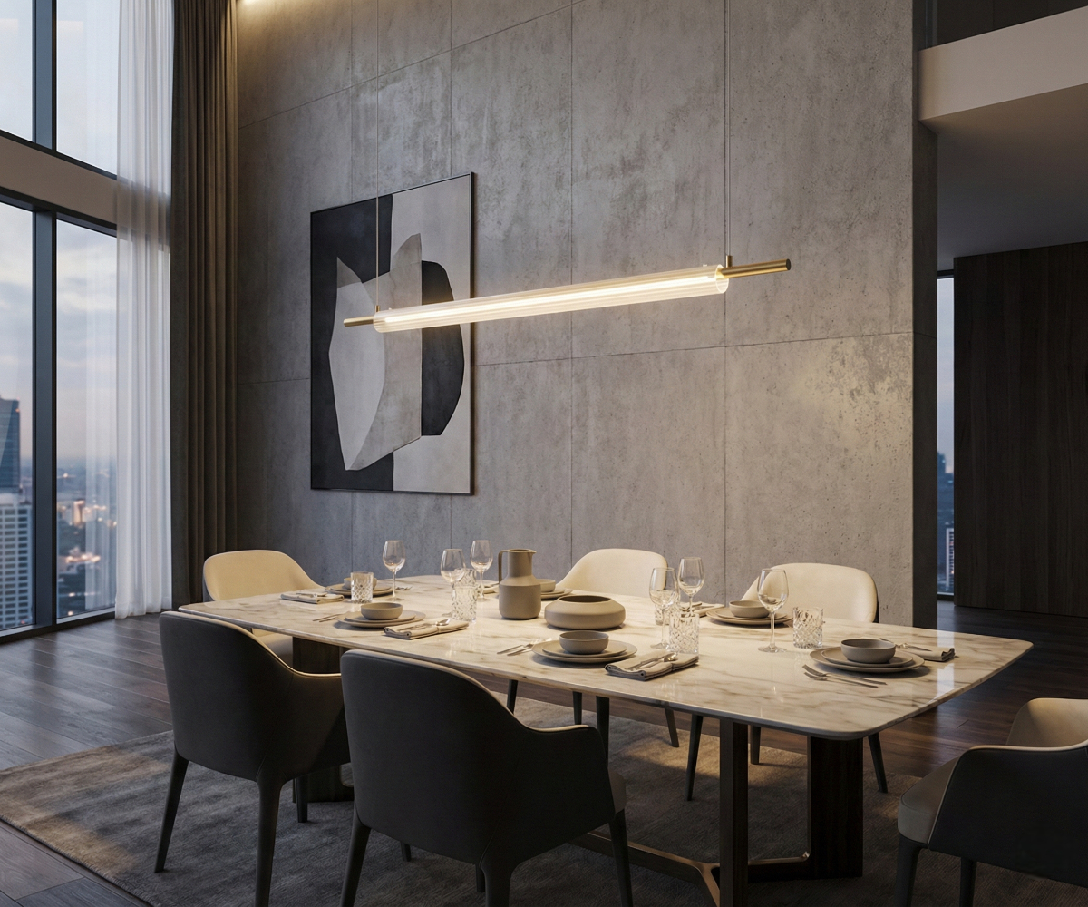 LED lights Qatar Golden Rod linear pendant over a city-view dining table