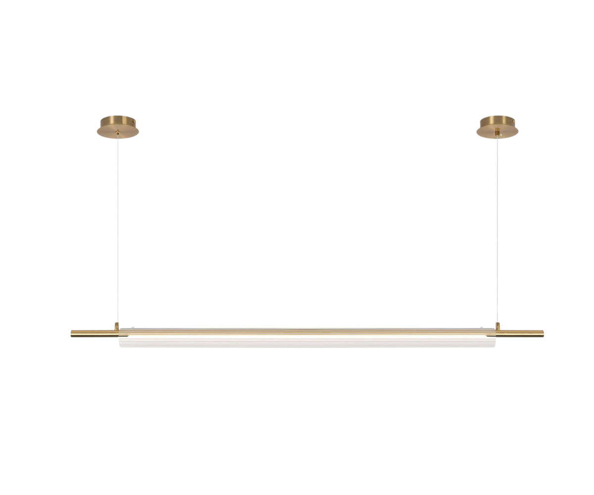 LED lights Qatar Golden Rod linear pendant over a city-view dining table