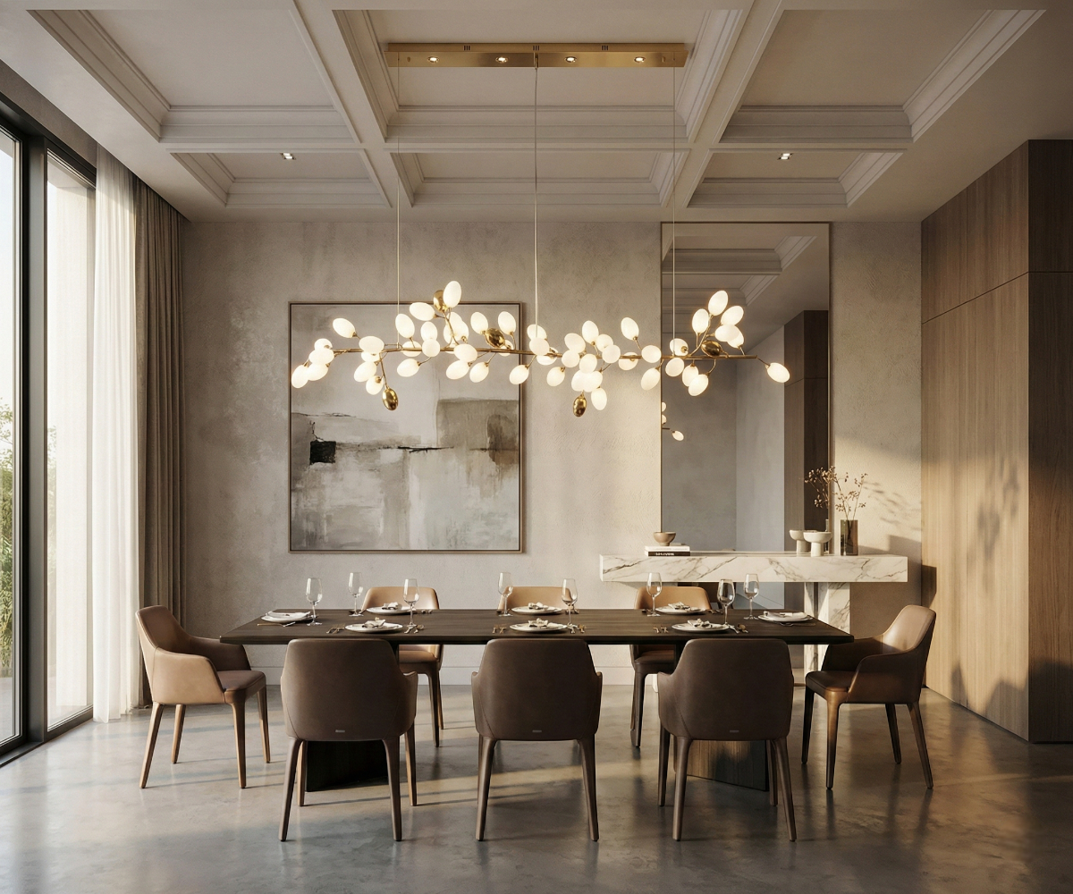 LED lights Qatar radiant golden branch chandelier over a dining table