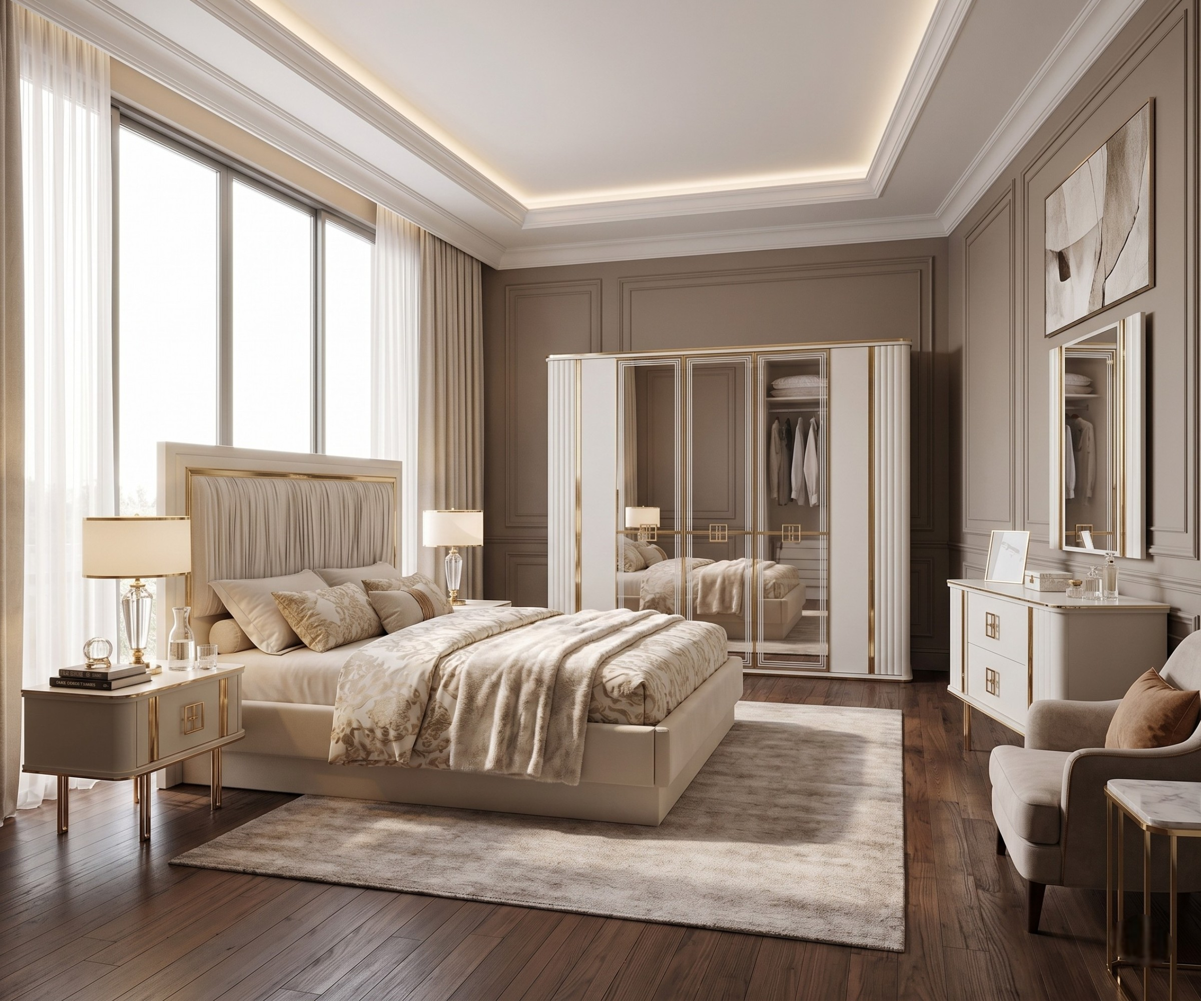 LENA-6910 minimalist bedroom set staged in a classic room with a fabric chair