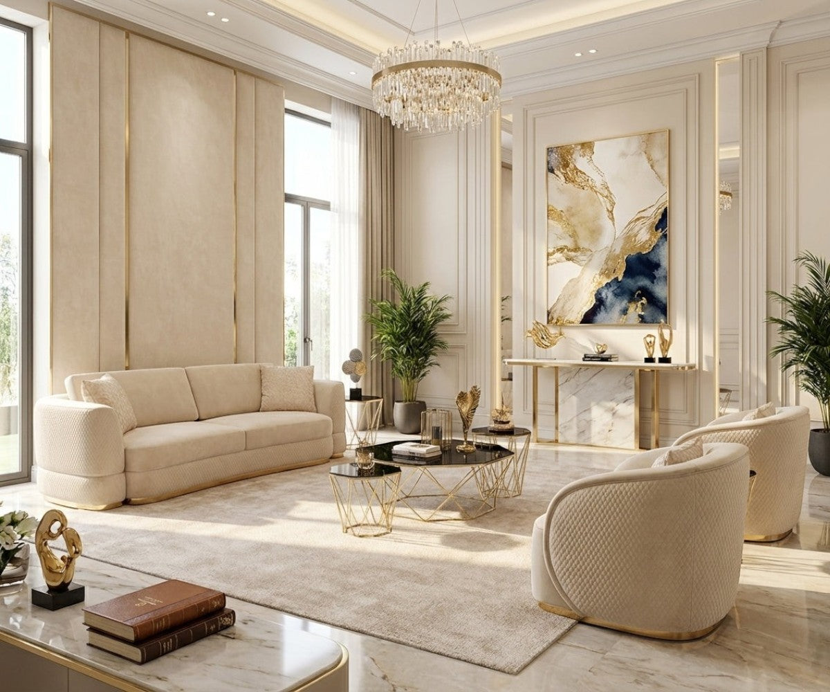 Levante cream boucle sofa set in a chandelier-lit marble living room