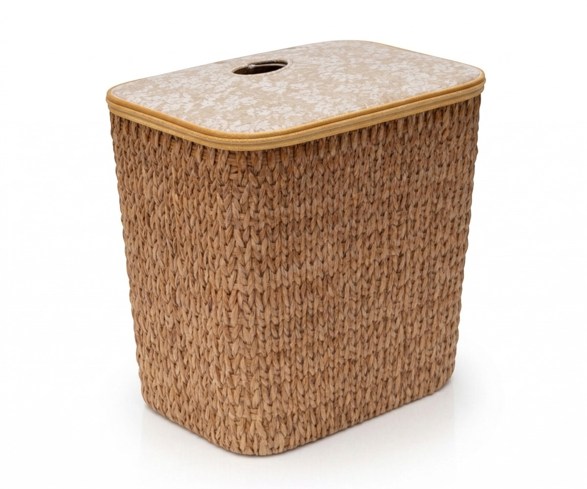 Lidded wicker laundry basket in woven seagrass with a fabric-topped lid