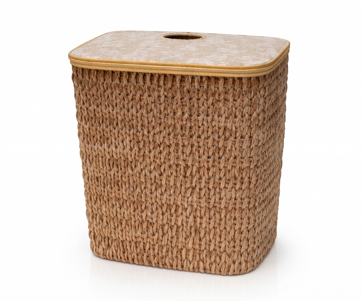 Lidded wicker laundry basket in woven seagrass with a fabric-topped lid
