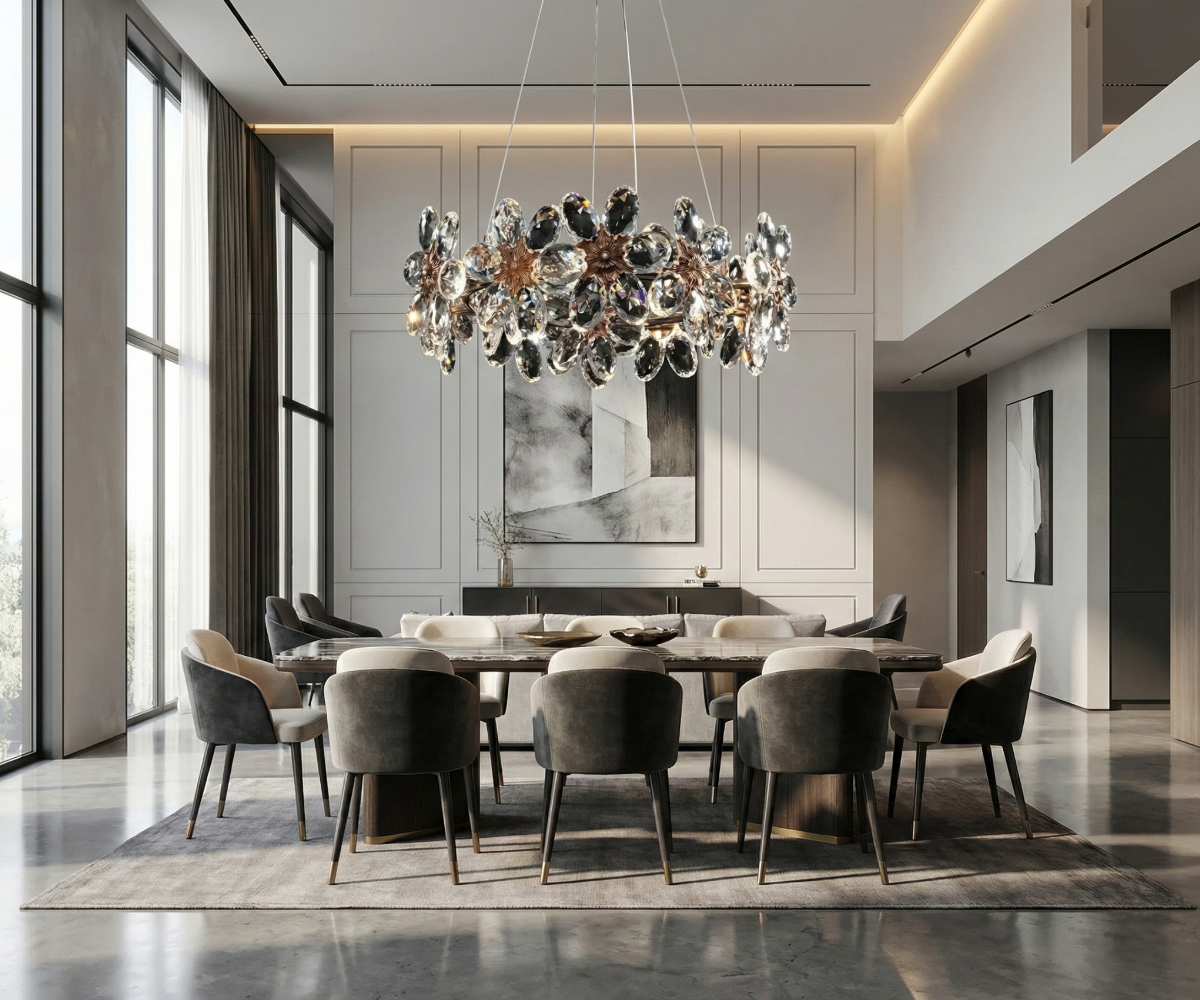 Lights in Qatar Crystal Burst chandelier above a long dining table