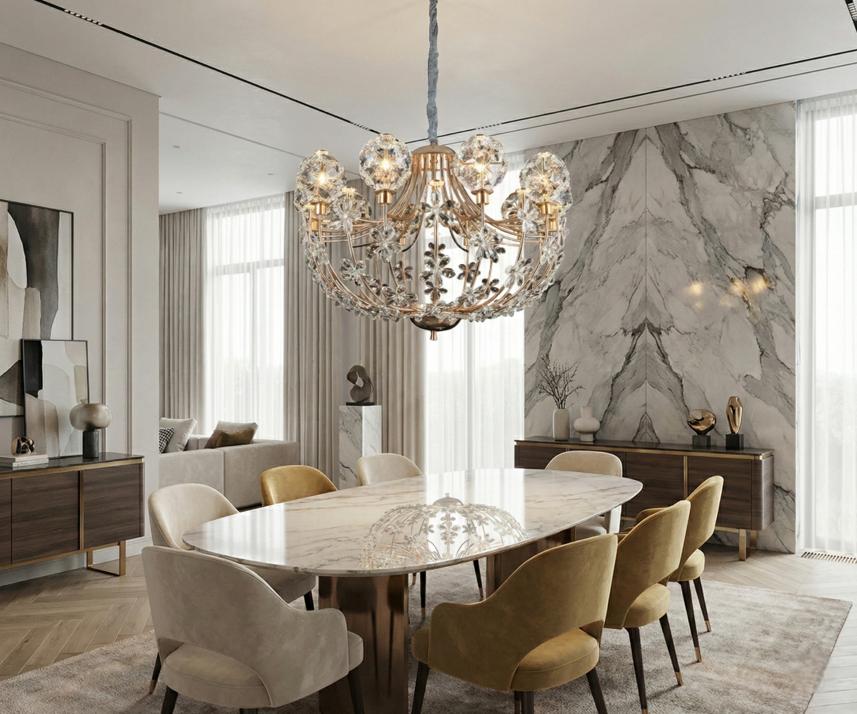 Lights in Qatar Empire crystal chandelier above a marble-walled dining room