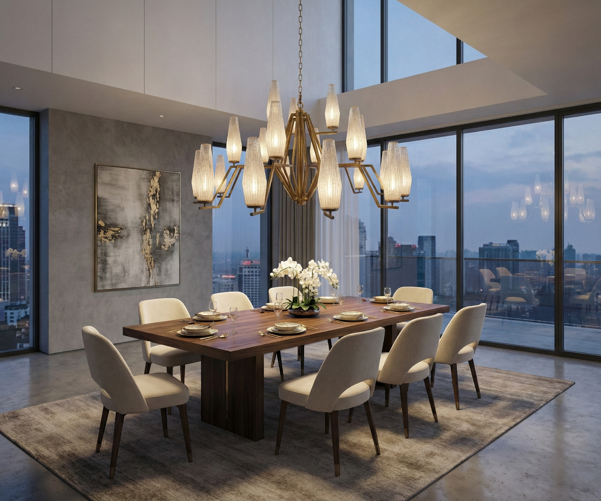 Lights in Qatar geometric pendant light over a city-view dining table