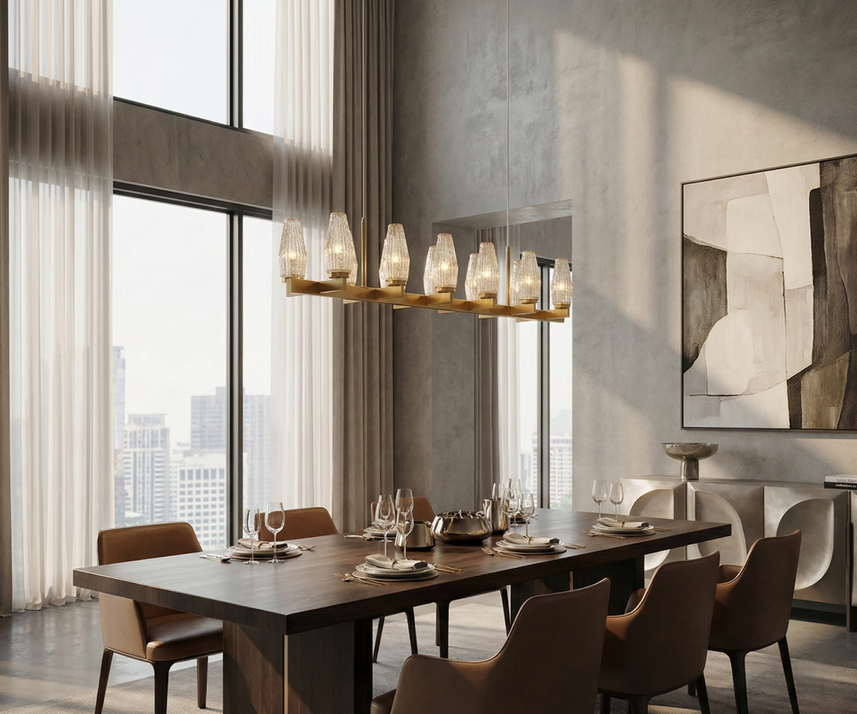 Lights in Qatar linear pendant above a dark dining table by tall windows