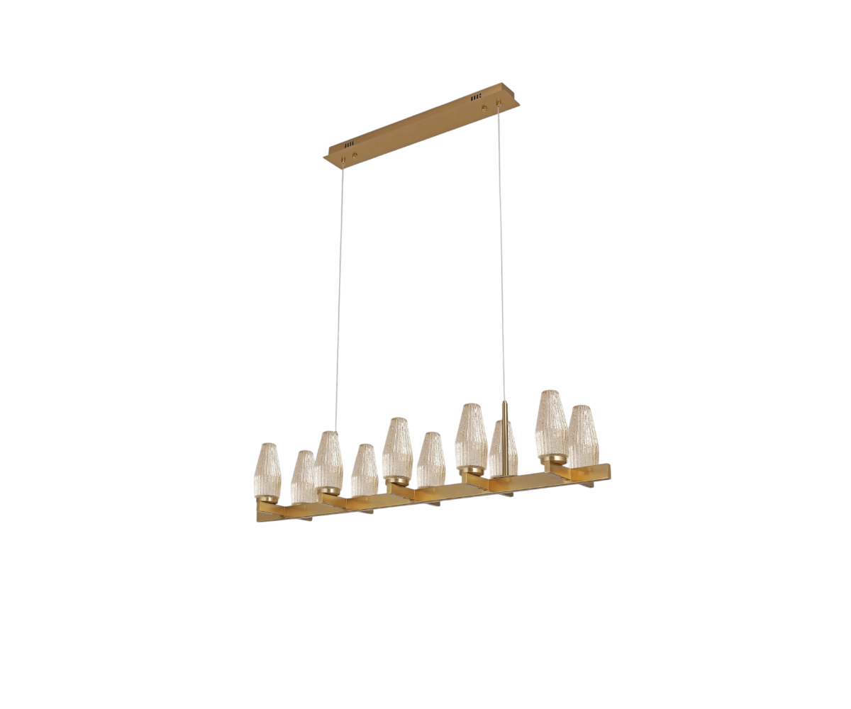 Lights in Qatar linear pendant above a dark dining table by tall windows