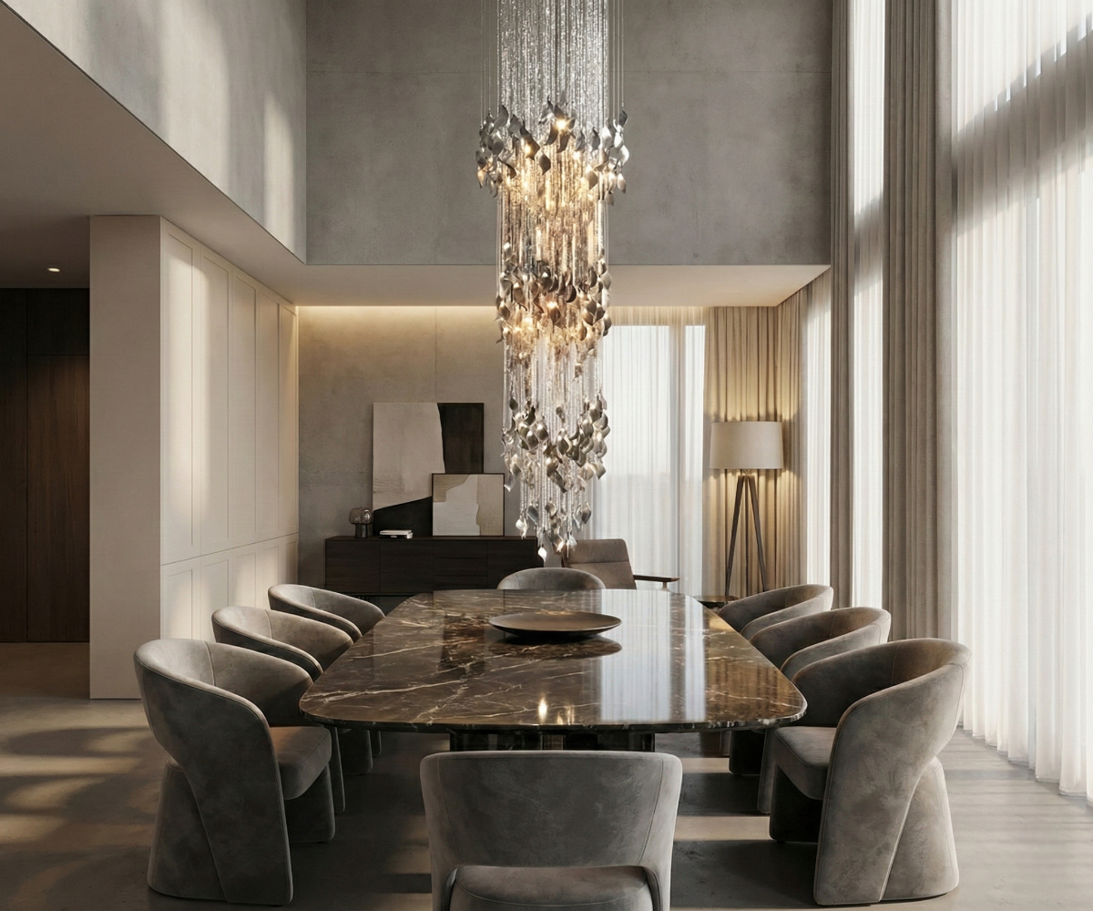 Lights in Qatar radiant silver cascade chandelier in a double-height dining room