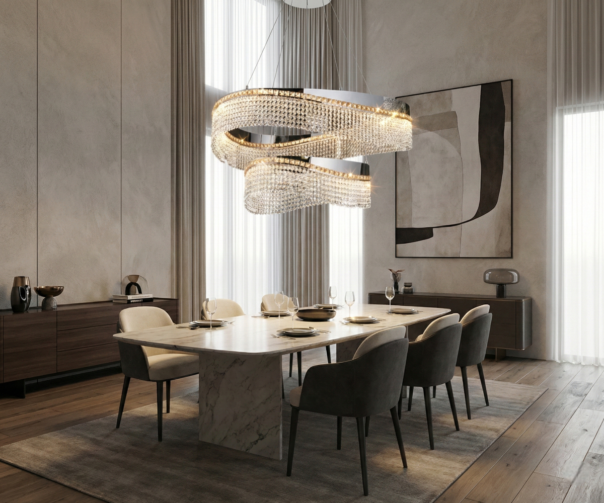Lights in Qatar Spiral Elegance crystal chandelier over a pale dining table