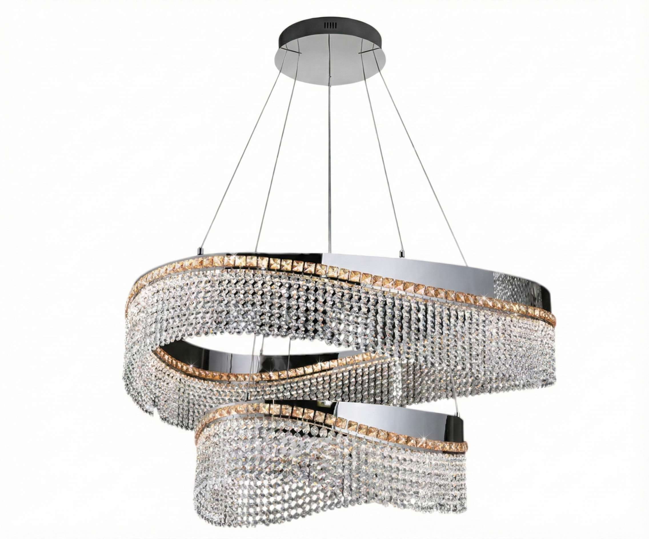 Lights in Qatar Spiral Elegance crystal chandelier over a pale dining table