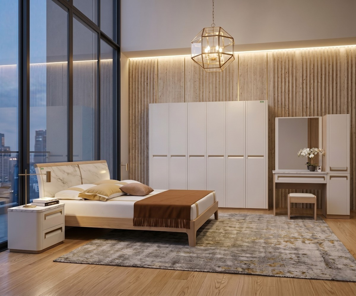 Lily-Casa minimalist white bedroom set staged in a city-view room