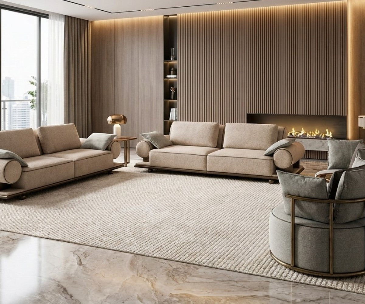 LIMA beige architectural sofa set in a slatted-wood living room