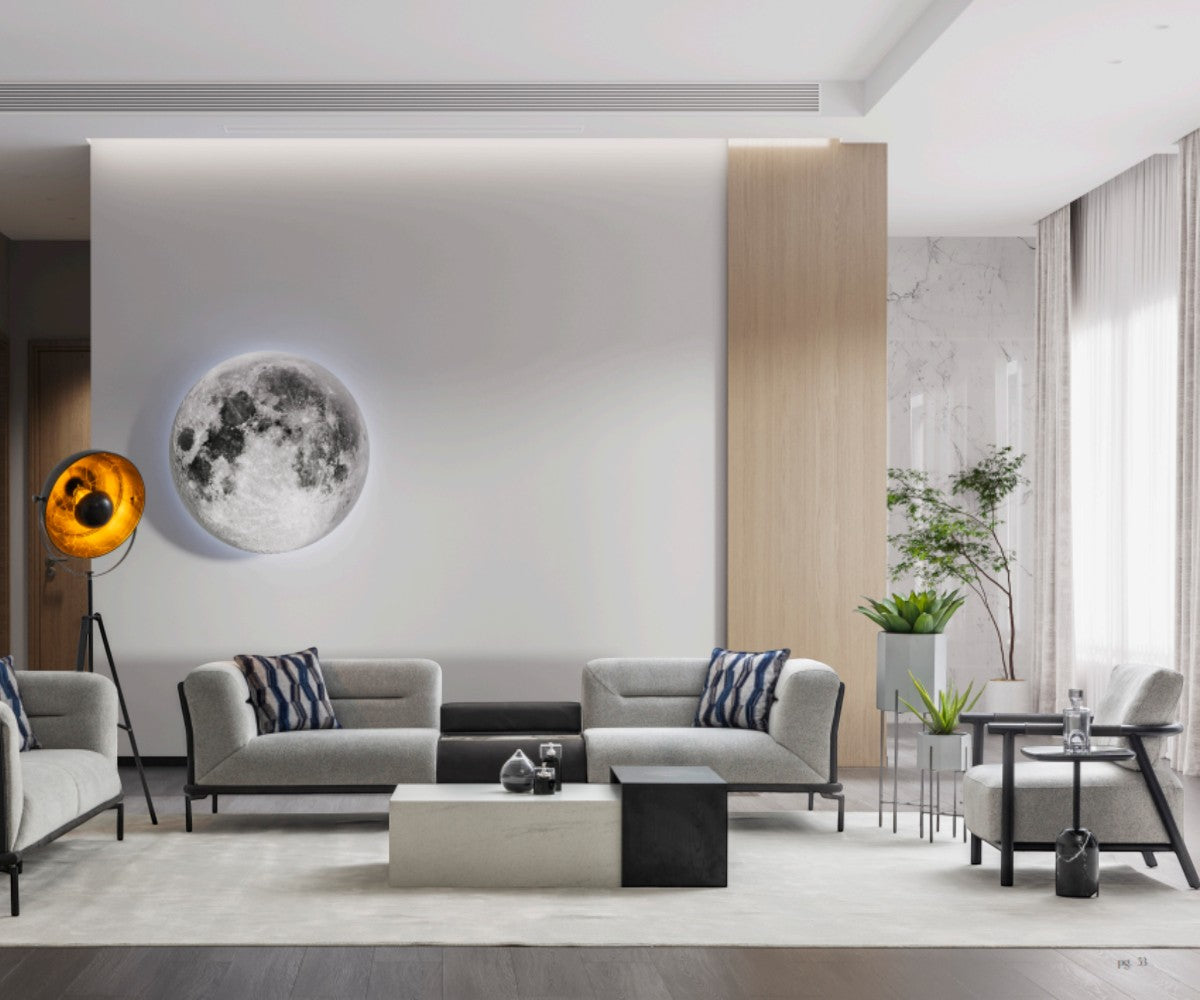LINE grey fabric sofa set in a bright minimal living room