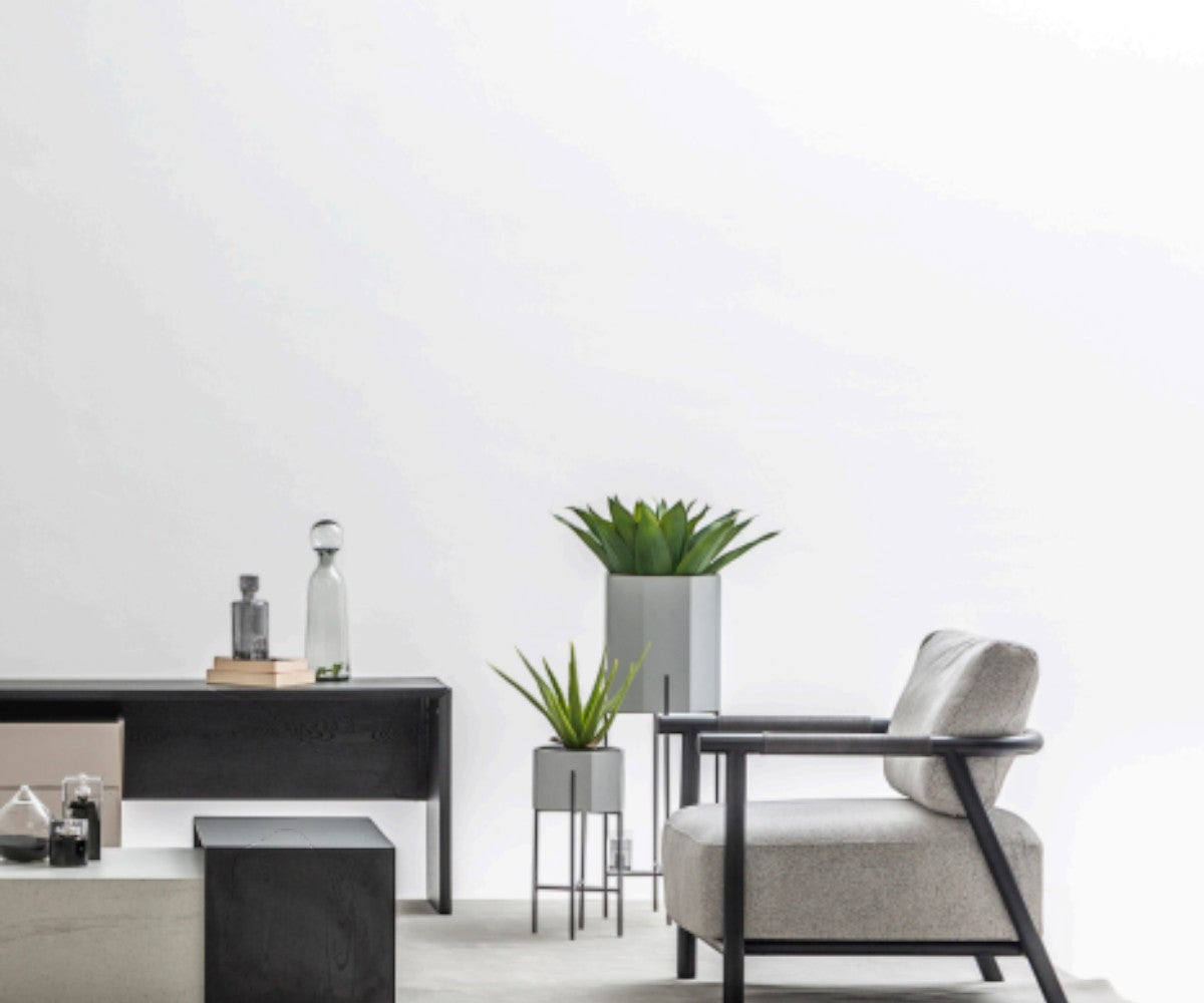 LINE grey fabric sofa set in a bright minimal living room