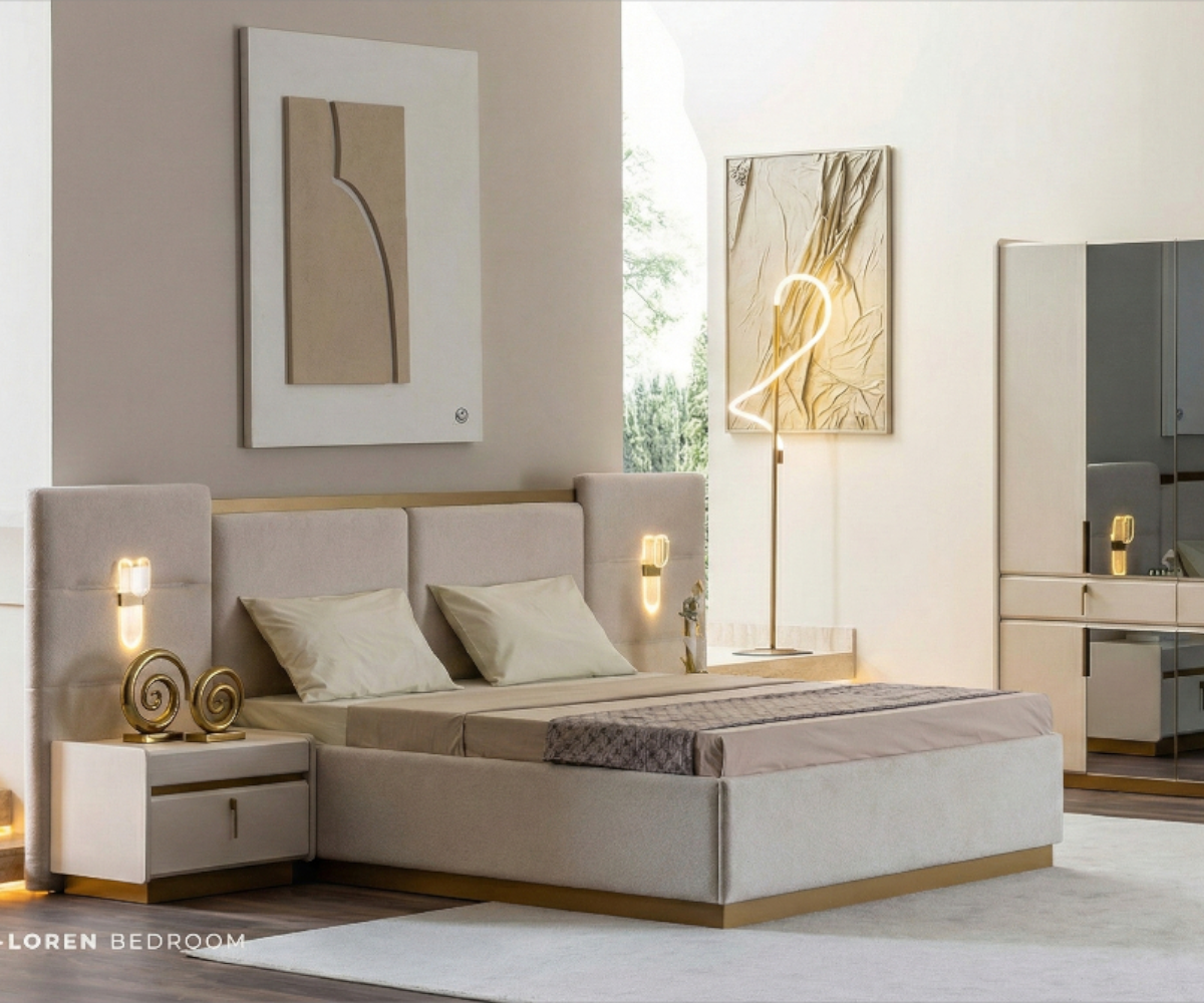 LOREN cream luxury bedroom set staged in a soft room with framed art