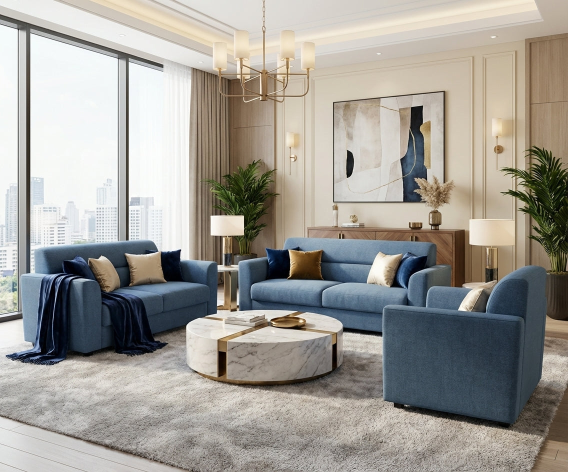 LR20 blue fabric sofa set in a bright city-view living room