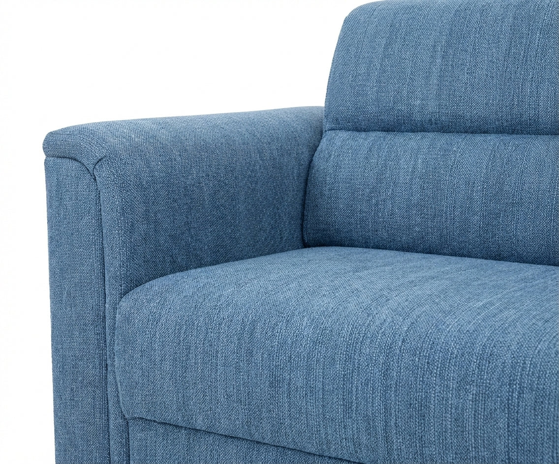 LR20 blue fabric sofa set in a bright city-view living room