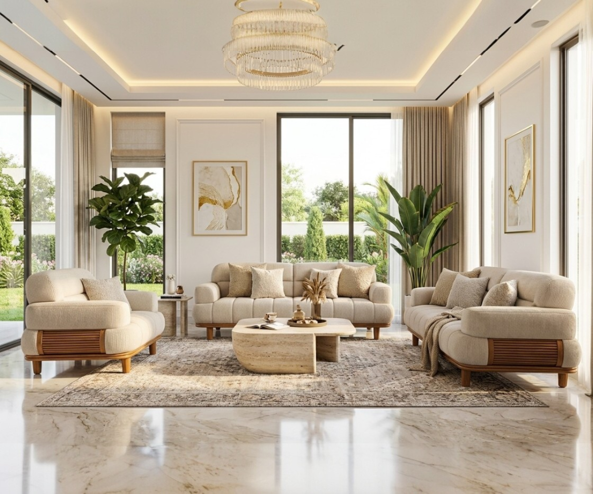LUCAS beige boucle sofa set in a chandelier-lit garden-view living room
