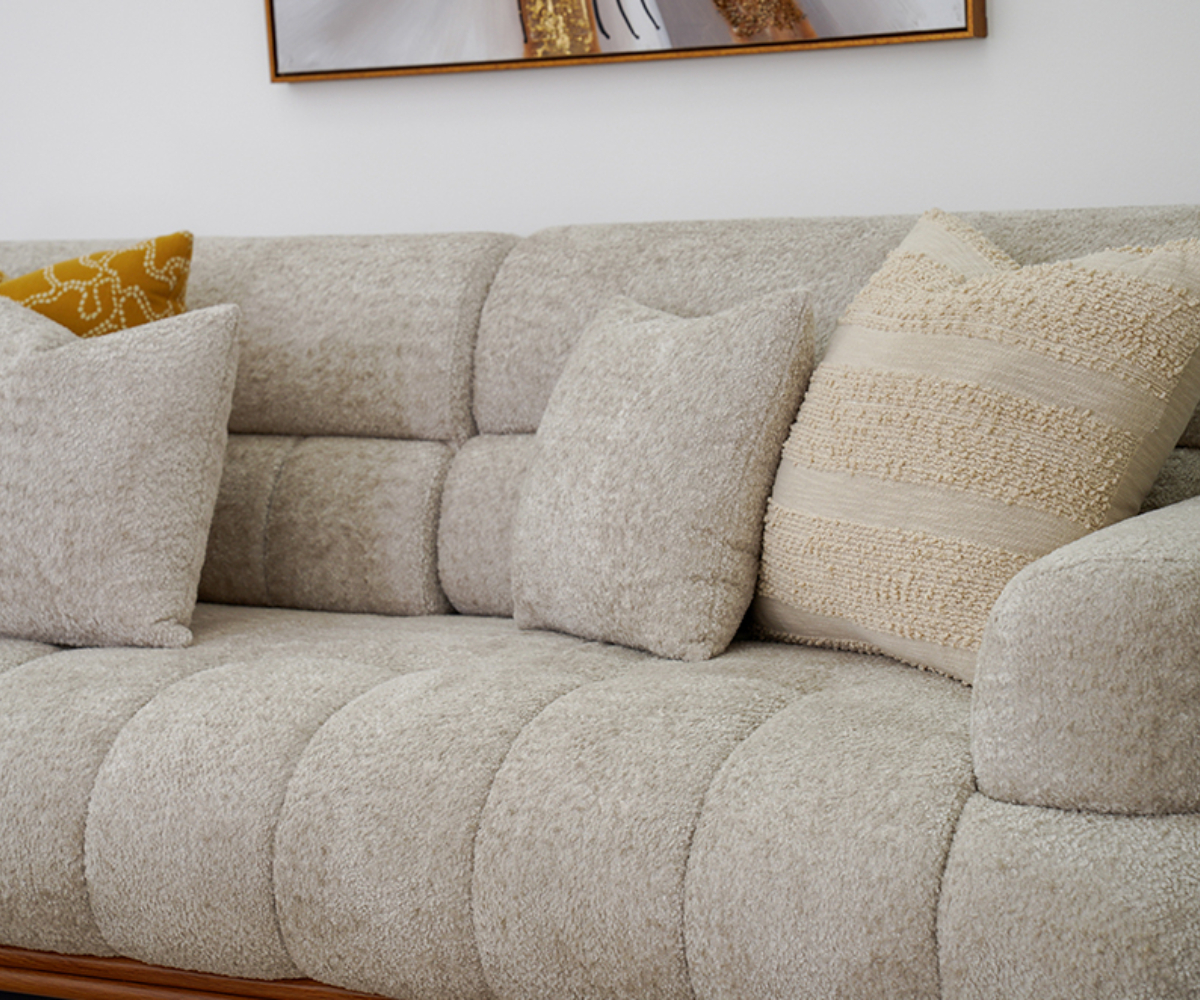 LUCAS beige boucle sofa set in a chandelier-lit garden-view living room