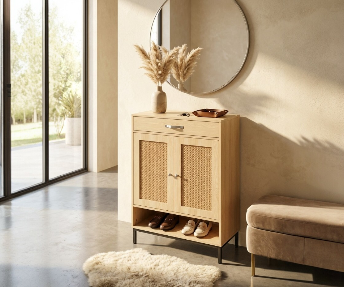 LUCIEN cane and oak storage cabinet in a bright hallway with a round mirror