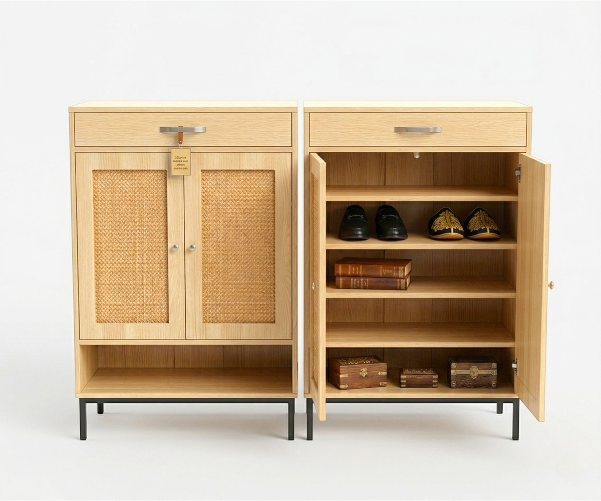 LUCIEN cane and oak storage cabinet in a bright hallway with a round mirror
