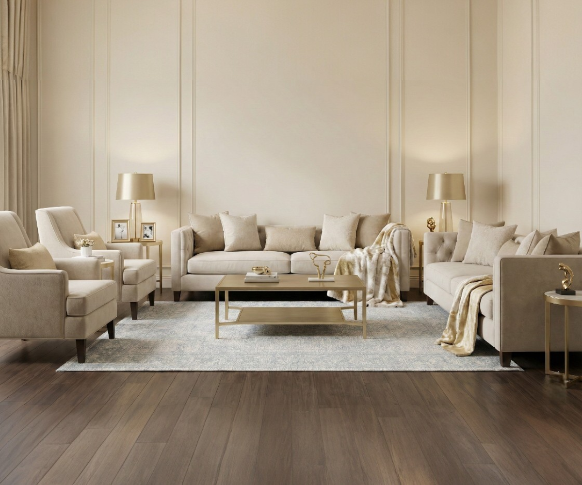 LUMIERE vintage blue distressed area rug, 150x230 cm, in a cream living room