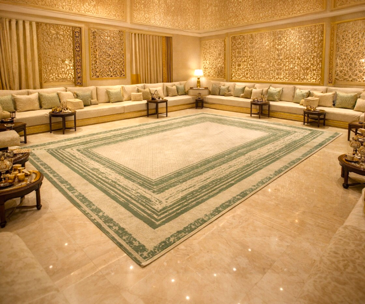 LUMINA sage distressed border rug, 150x220 cm, in a gold-panelled majlis