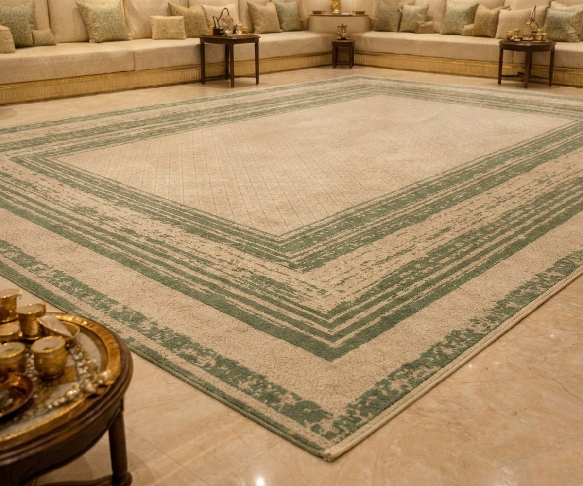 LUMINA sage distressed border rug, 150x220 cm, in a gold-panelled majlis