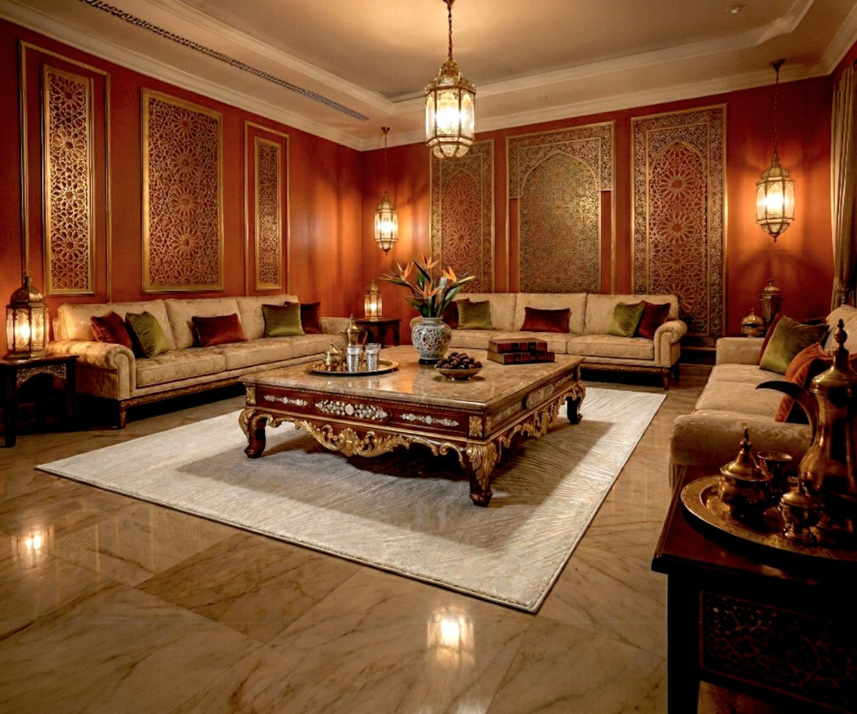 LUMINA sculpted ivory area rug, 150x230 cm, in a red-panelled majlis