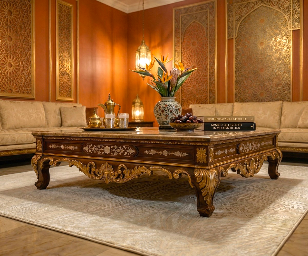 LUMINA sculpted ivory area rug, 150x230 cm, in a red-panelled majlis