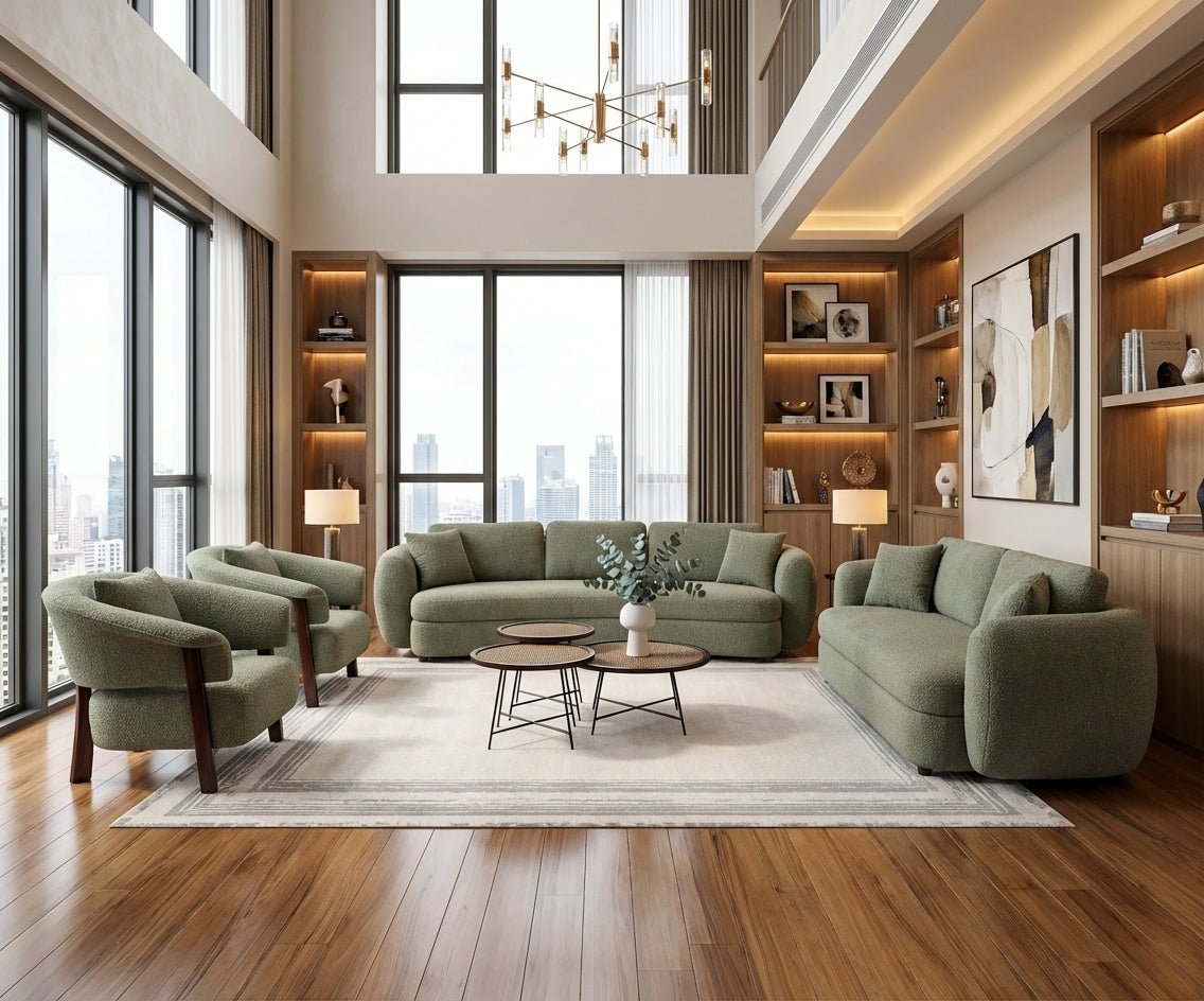 Luna green boucle sofa set in a bright city-view living room