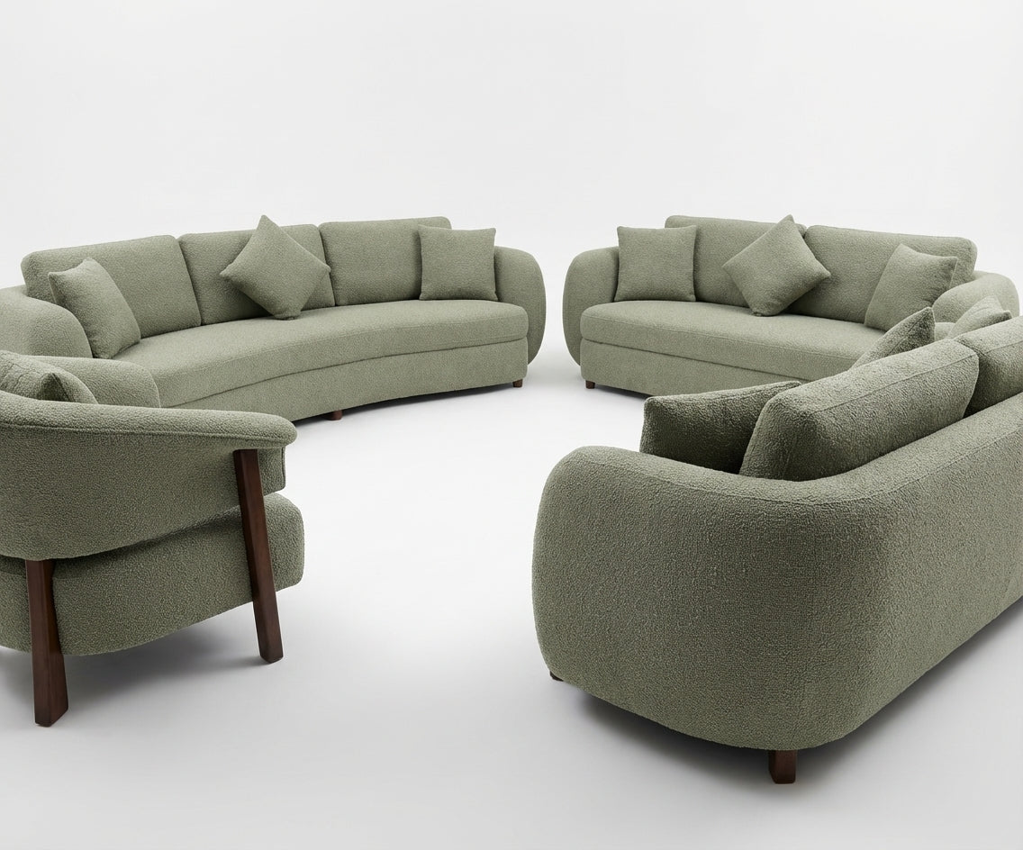 Luna green boucle sofa set in a bright city-view living room