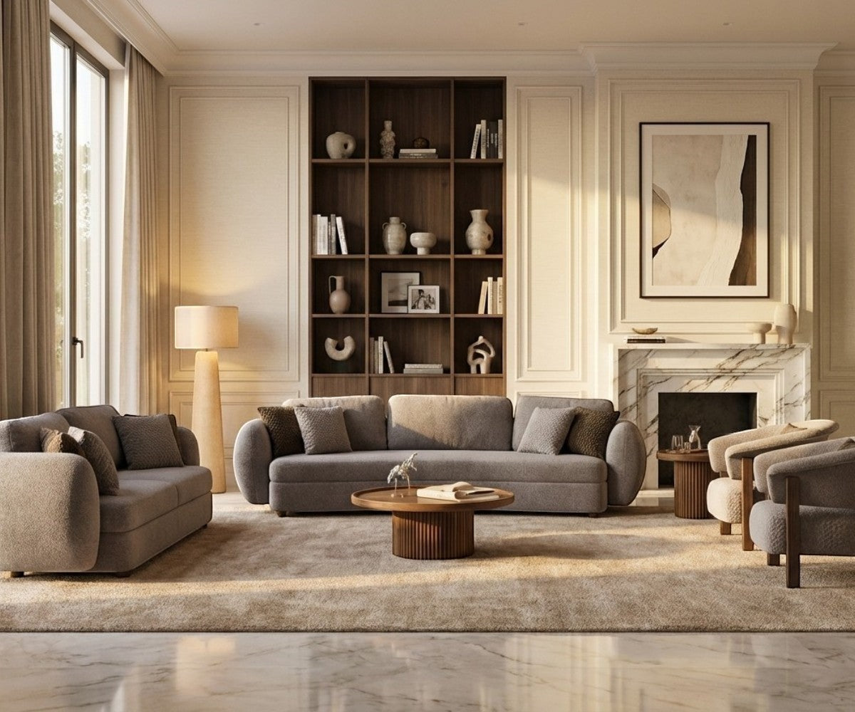 LUNA grey boucle sofa set in a bright panelled room with a fireplace